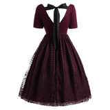 Burgundy Tie Back Lace Overlay Pleated Elegant Party Short Sleeve 50s Vintage Robe Women Backless Swing Dress