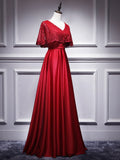 Lace Ruffled Cape Cap Sleeve A-line Satin Embroidered Beads V-neck Elegant Formal Dress
