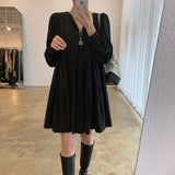 Spring Autumn Long Sleeve Dress Black White Elegant Gathered Tiered Mini V Neck Loose Casual Dress