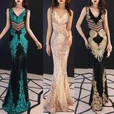 Sexy V-Neck Waist Cut-out Formal Sleeveless V-Back Mermaid Party Dress Shinng Sequins Embroider Dress