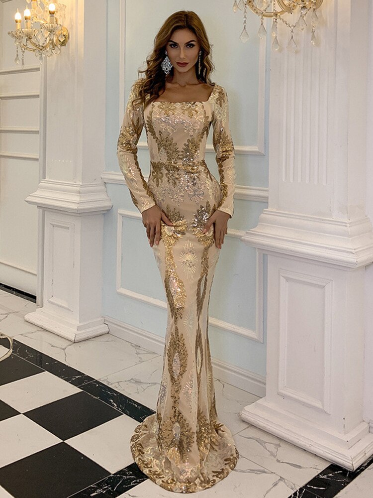 Square Neck Full Sleeve Sequins Evening Dress Mermaid Gold Robe De Soriee Long Vestidoes Women Formal Party Gowns