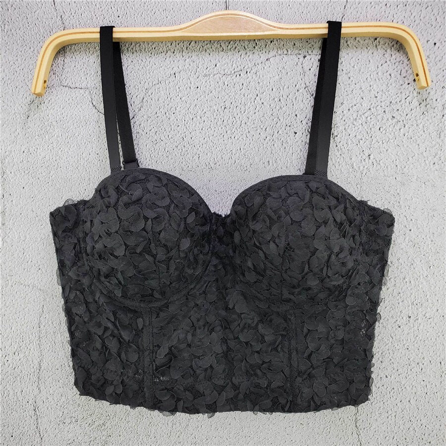 Lace Flowers Short Sexy Crop Top Women Nightclub Cami Tops With Built In Bra Push Up Bustier Corset