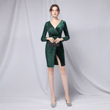 New Silt Women Short Vintage Velvet Sequins Evening Dress Burgundy V-neck Long sleeve Club Dress