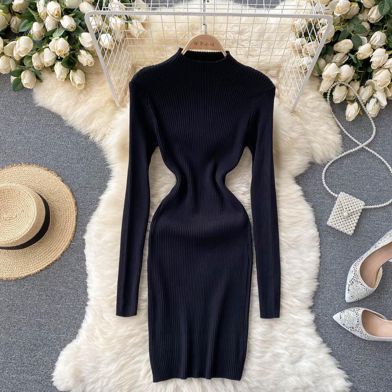 Autumn Winter Women Clothing Mock Neck Long Sleeve Ribbed Knit Sweater Dress Night Club Sexy Mini Knitted Bodycon Dress