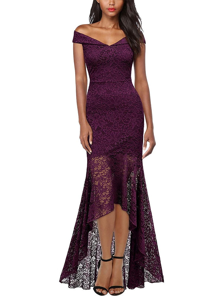 Off-Shoulder V-Neck Lace Party Dress Asymmetrical Long Wrap Cocktail Navy Blue Burgundy Purple Dress