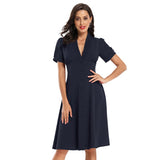 Retro Single Breasted Ruched V Neck Elegant Party Midi Women Rockabilly Vintage Swing Dress