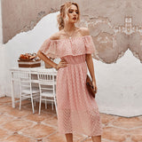 Lace Off The Shoulder Slash Neck Solid High Waist Mid-calf Dress