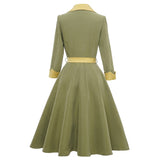 Button Shirt Vintage A Line Women Party Dress With Belt Retro Vintage 60s Sundress Green 3/4 Long Sleeve Swing Rockabilly Dress