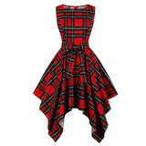 Vintage Tartan Red Plaid Elegant Party Asymmetrical Long Women Sleeveless Summer Belted High Waist Midi Dress