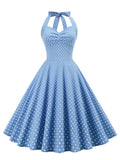 Polka Dot 50s Style Rockabilly Vintage Sexy Women Blue Halter Lace-Up Back Party Backless Dress