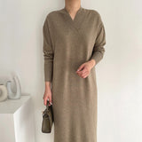 V Neck Long Sleeve Solid Cozy Casual Knitted Dress Autumn Winter Midi Dress Elegant Loose Dress