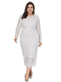 Lace Cut Out O Neck Wrap Elegant Formal Dress Full Sleeve Tea Length Women Lace Dress
