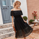 Lace Off The Shoulder Slash Neck Solid High Waist Mid-calf Dress