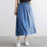 Fashion Korean Denim Women Solid Color Long Elastic High Waist Big Swing Casual Pleated Jean Skirt