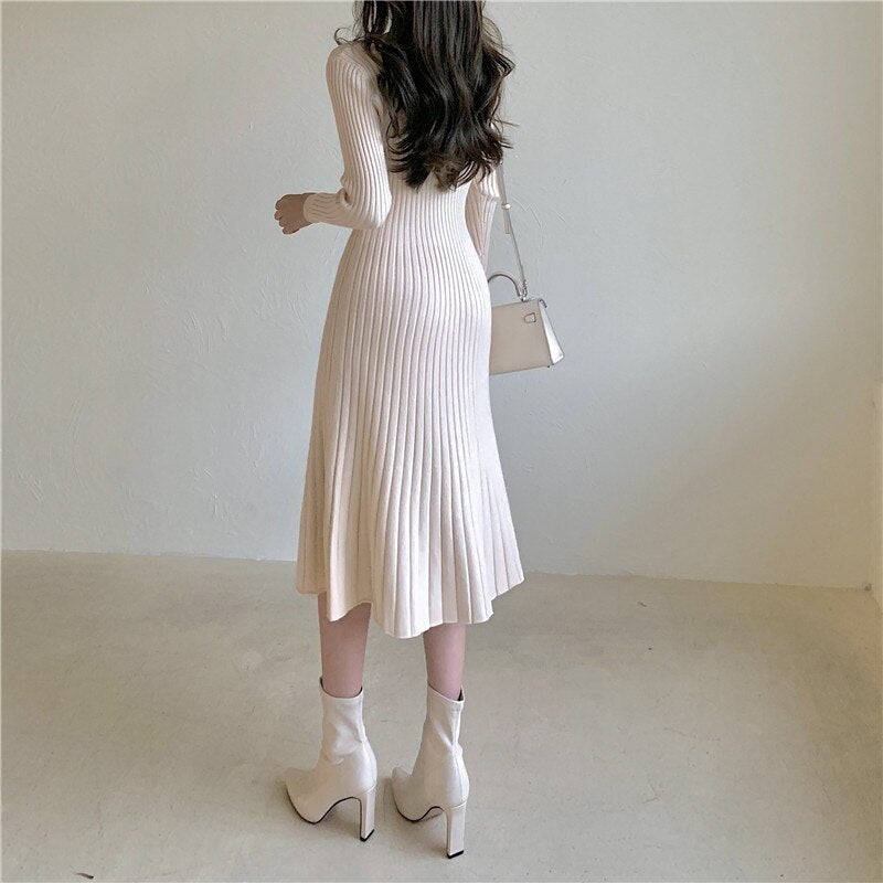 Crew Neck Long Sleeve Elegant Ribbed Knitted Dress Chic Sexy Bodycon Dress