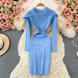 Bodycon Women Clothing Elegant Cape Collar Ribbed Knitted Dress Autumn Winter Warm Mini Casual Long Sleeve Dress