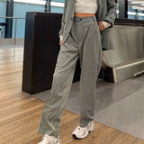 Hip Hop Punk Plaid Pattern Casual Baggy Straight Pants Women England Style Streetwear Outfits High Waisted Office Lady Trousers