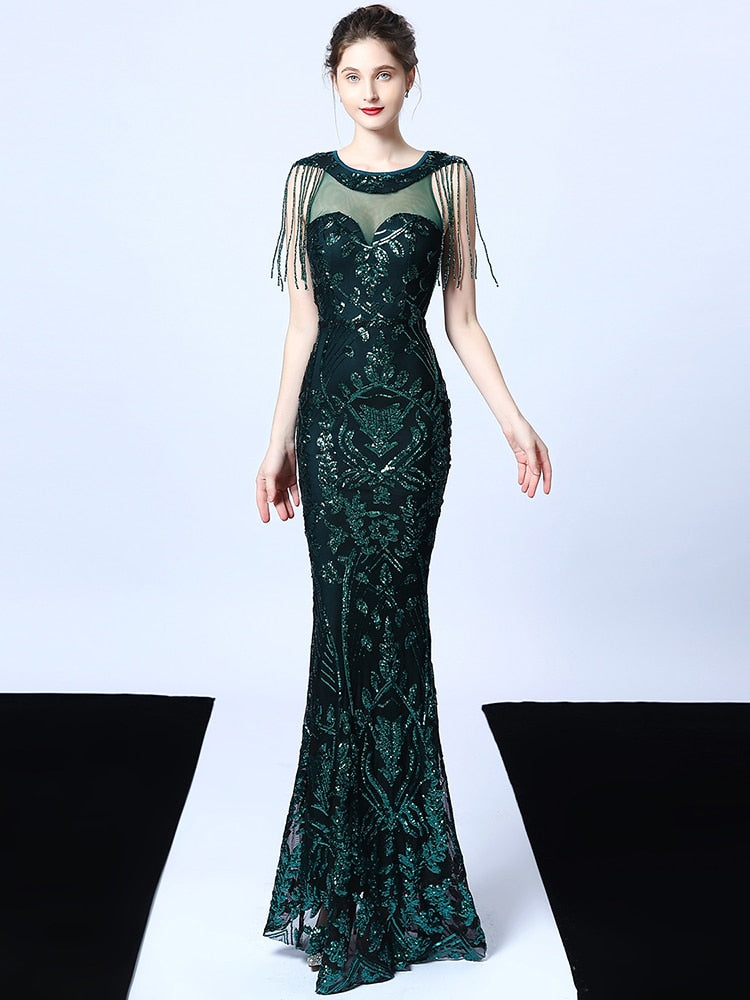 Tulle Sequins Embroidered Evening Dress O-neck Mermaid Prom Gown Floor-length Party Elegant Formal Dress