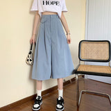 Women High Waist Wide Leg Pants Korean Style Solid Color Loose Ladies Calf-length Casual Pants