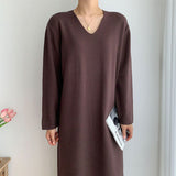 Solid Elegant Knitted Dress Autumn Winter V Neck Long Sleeve Casual Loose Midi Dress