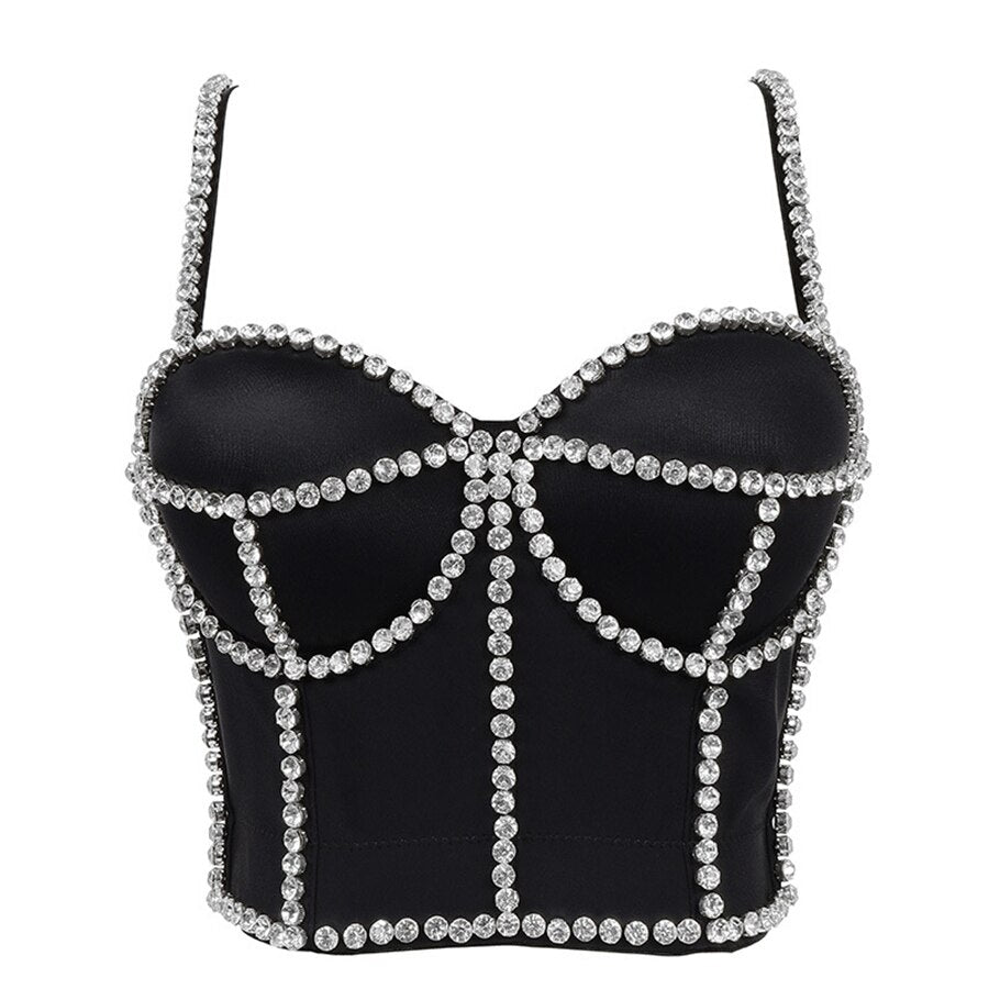 New In Rhinestone Top With Built In Bra Push Up Bralette Sleeveless Top Women Camis Off Shoulder Summer Sexy Nightclub Clothing