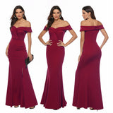 New One Word Shoulder V Neck Evening Dress Side-Slit Party Mermaid Floor Length Robe Prom Dress
