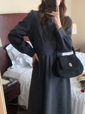 Gathered Elegant Vintage Dress Round Neck Long Sleeve A Line Casual Dress With Belt