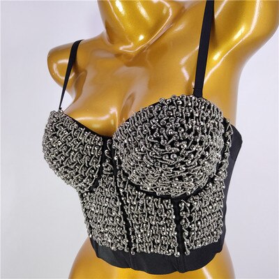 Sexy Crop Top Nightclub Show Corset Sleeveless Beads Top Women Camis Tops With Built In Bra Push Up Bralette