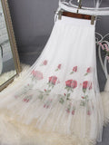 Spring Mesh Women Embroidery Elastic High Waist Floral A-Line Pleated Skirts