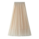 Women Summer Elegant Solid Color Midi Tulle Ladies Summer Streetwear Casual High Waist Long Pleated Skirt