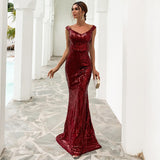 Off-the-Shoulder Evening Dress Long Sequins Sexy Formal Dresses Mermaid Robe Maxi Evening Party Gown Dress