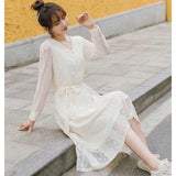 Lace Elegant Dress Women Long Sleeve Casual Fairy Dress Sweet V-Neck Belt Female Korean Style Clothing Autumn Office Lady
