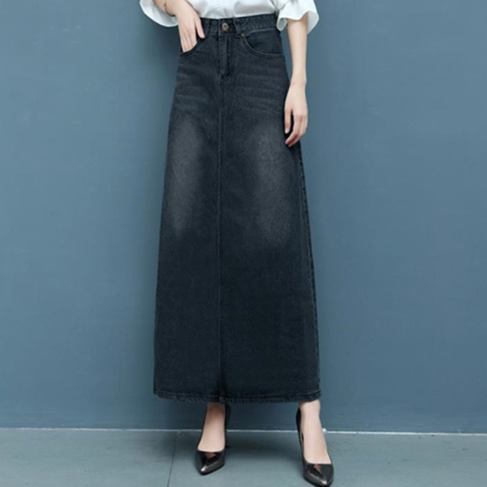 Casual Women Summer Loose High Waist Floor-length Denim Maxi Long Jean Skirt