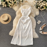 Leopard Print Elegant Vintage Midi Dress Sleeveless Spaghetti Strap Slit Sexy Dress