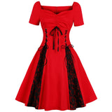 Black Red Patchwork Gothic Women Party Dress Lace Front Design Short Sleeve Cotton Retro Vintage A Line Harajuku Summer Dresses