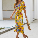 Bohemian Vintage Floral Print A-Line Long Boho Holiday Maxi Beach Dress