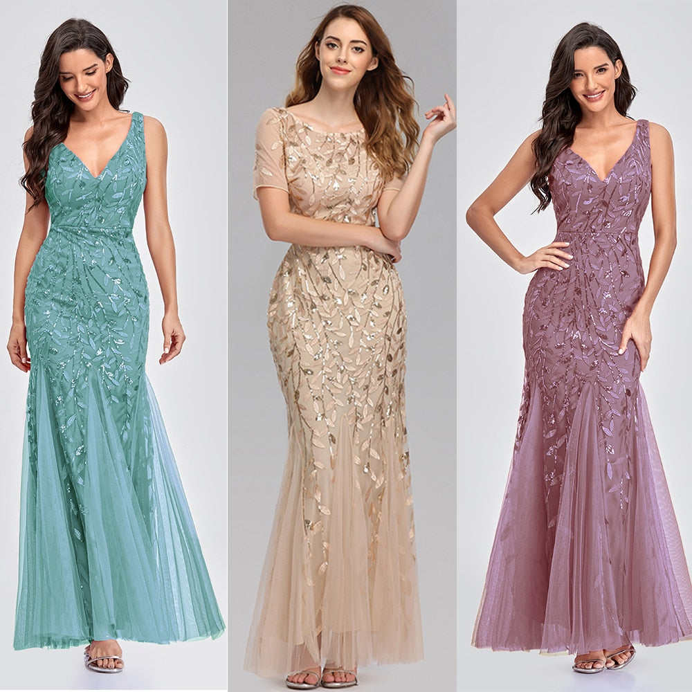 Embroidered beaded Fabric Prom Dress Sugar Color O-Neck Short Sleeve Elegant Little Mermaid Dress Formal Party Gowns