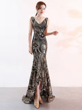 Asymmetrical Floor-Length Tulle Sequins V-Neck Sleeveless Party Embroider Vestidoes Formal Dress