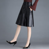 Women Faux Leather High Waist A-Line Pleated Casual Summer Elegant Long Black Skirts