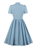 Red Solid Dresses for Women Bow Tie Neck Button Up Vintage Party Elegant Robes Short Sleeve Summer Pleated Dress