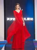 Black Red Queen Duble V Long-Sleeve Women Stage Evening Dress Mermaid Zipper Floor-Length Chiffon Vestidoes