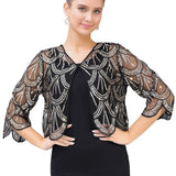 1920s Sequin Shawl Wraps Beaded Evening Cape Bridal Bolero Shrug Vintage V-neck Midi Sleeve See-through Party Shawl