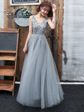 V-Back Beading A-line Tulle Sequins Prom Sleeveless Long Party Dress Silver Grey Homecoming Champagne Dress