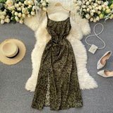 Leopard Print Elegant Vintage Midi Dress Sleeveless Spaghetti Strap Slit Sexy Dress