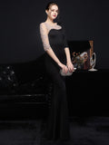 Elegant Burgund Appliques Beads Evening Dress See through Tulle Long Sleeve Dress