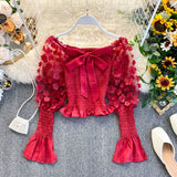 2021 Elegant Spring Summer Women Short Shirt Sweet 3D Flower Appliques Mesh Crop Tops Slash Neck Puff Long Sleeve Ladies Blouse