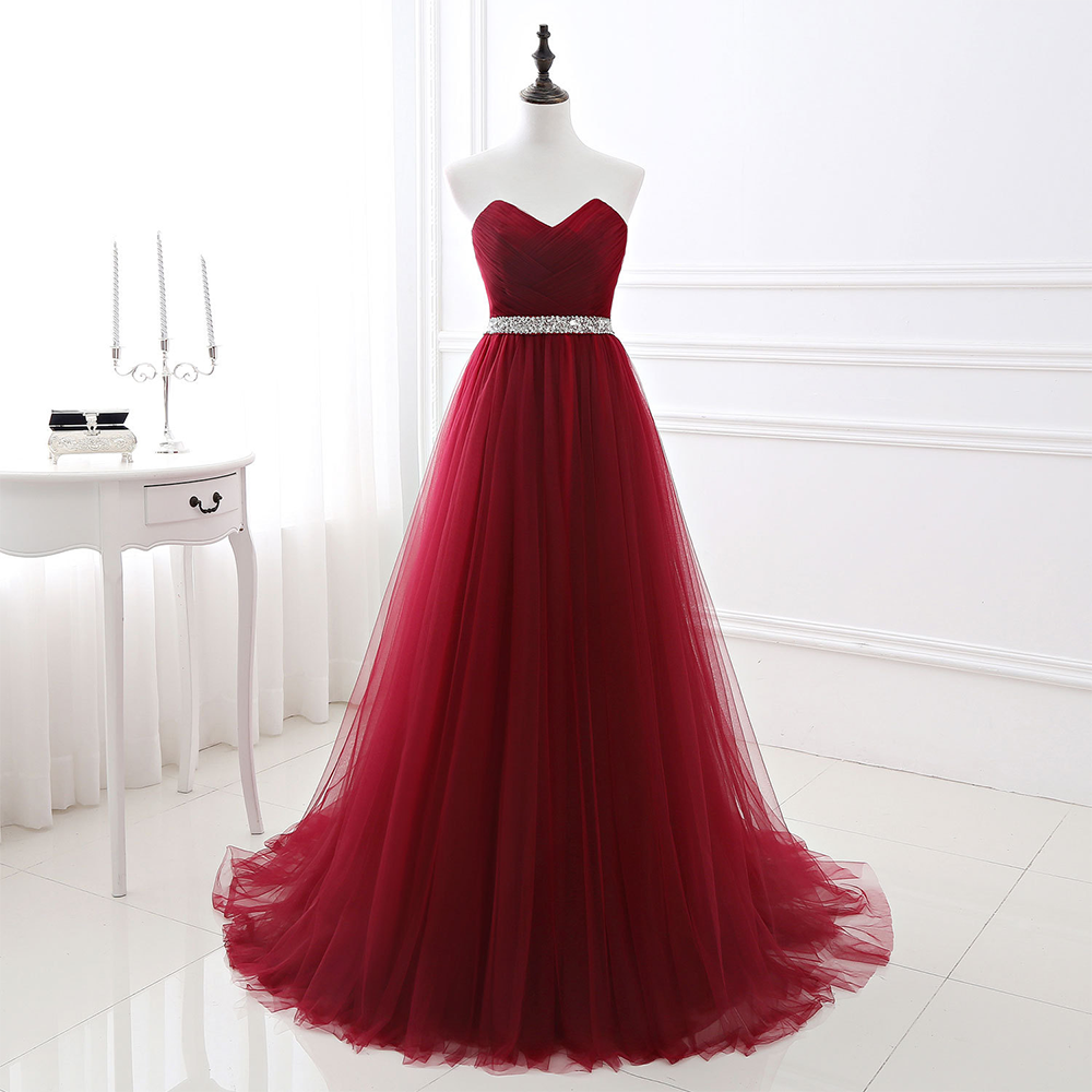 Burgundy Ball Gown Evening Dress Floor Length Tutu Pearls Beaded Abendkleider Fantastic Formal Dress Sweetheart Neck A-line Robe
