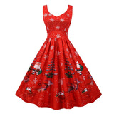 Ruched High Waist Vintage Print Christmas Winter Sleeveless Xmas Festival Pleated Dress