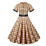 Turn Down Collar Button Up Plaid Vintage Short Sleeve Summer Women Casual A-Line Belted Swing Dresses