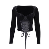 2021 Sweetheart Neck Lace Up Front Black Velvet Blouse Vintage T Shirt Women Autumn Winter Long Sleeve Crop Tshirt Slim Tops